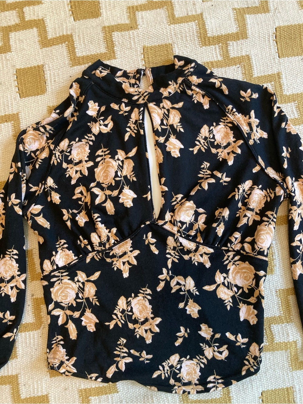 Free People Black Top with Beige Floral Print